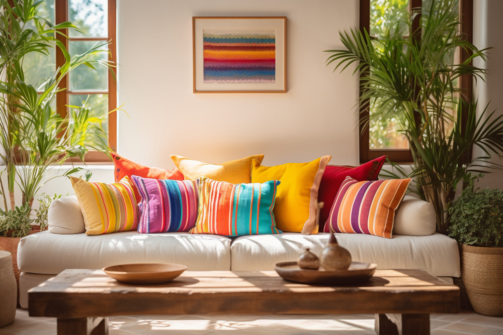 Imagen de un sillón largo con almohadas cuadradas en colores cálidos de distintos naranjas
