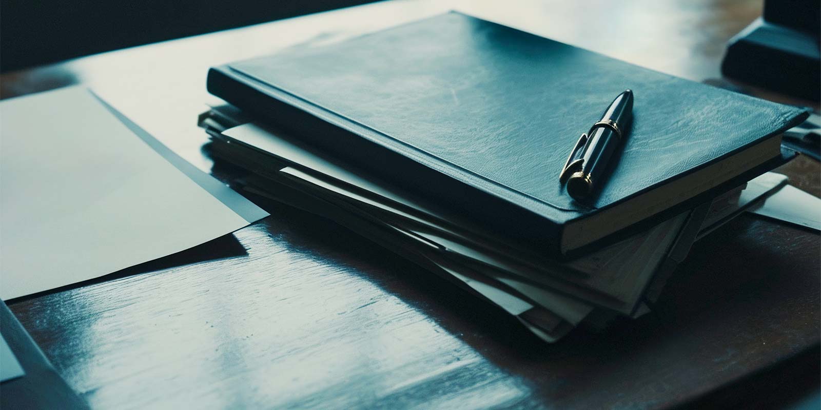 Documentos, carpetas y un bolígrafo sobre un escritorio. Concepto principal del tema del artículo sobre la venta de inmuebles heredados y su documentación.