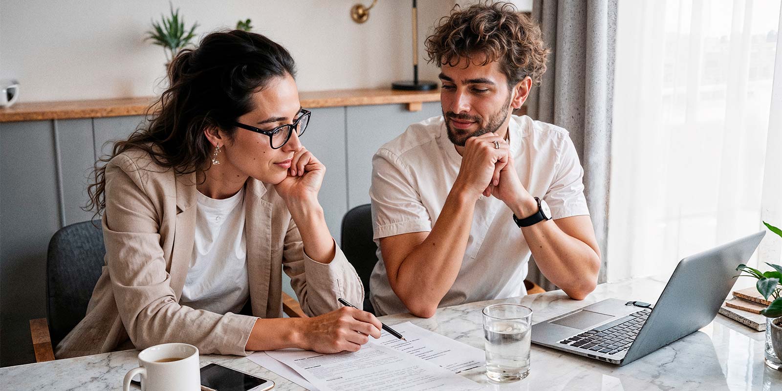 Otra pareja revisando documentación y señalando detalles.