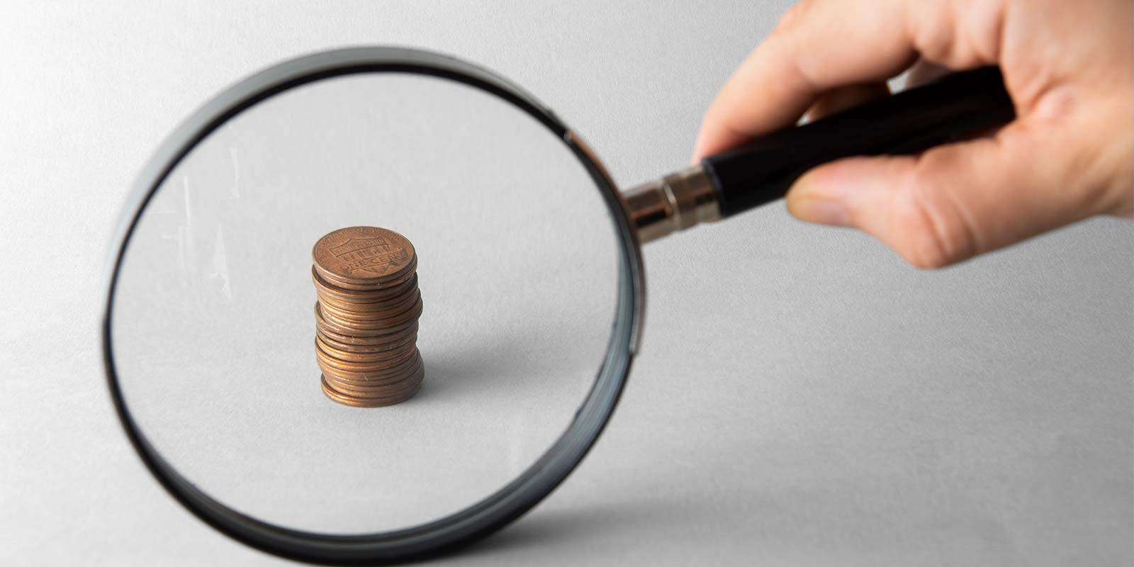 Lupa inspeccionando unas monedas en concepto de fiscalidad.
