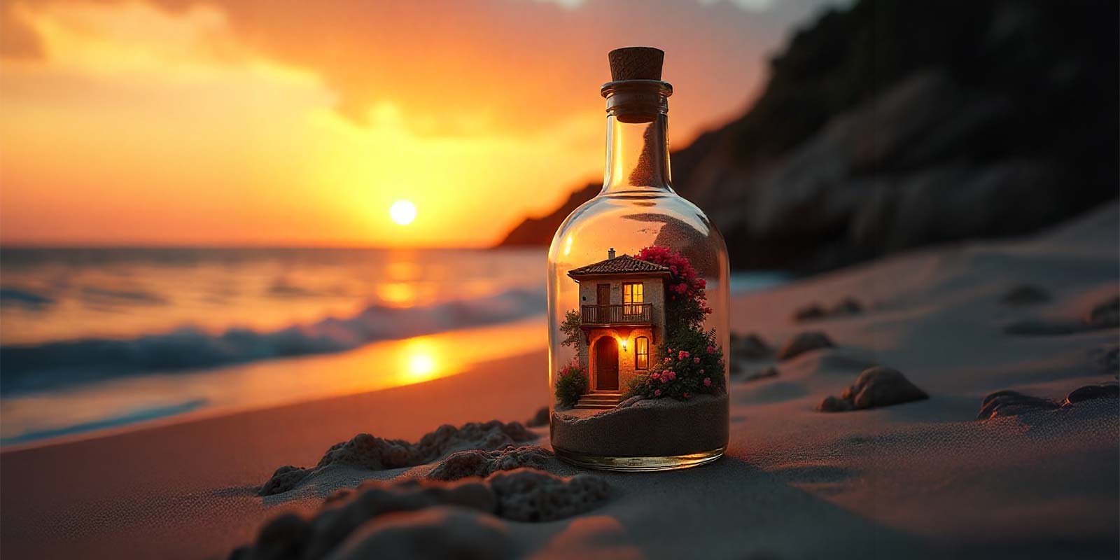 Imagen del amanecer en una playa y, en primer, una casa dentro de una botella. En concepto de adquirir una casa en Málaga, Costa del Sol.