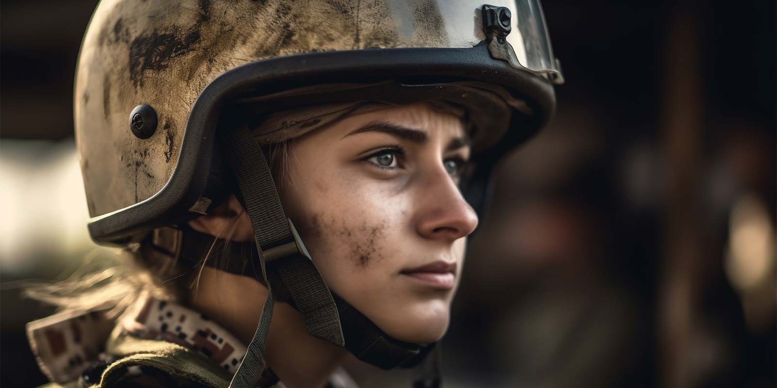 Mujer con uniforme de soldado mirando al horizonte. En representación del seguimiento en las operaciones inmobiliarias en el paso a paso y la seguridad de, como agente inmobiliario, estar siempre juntos.