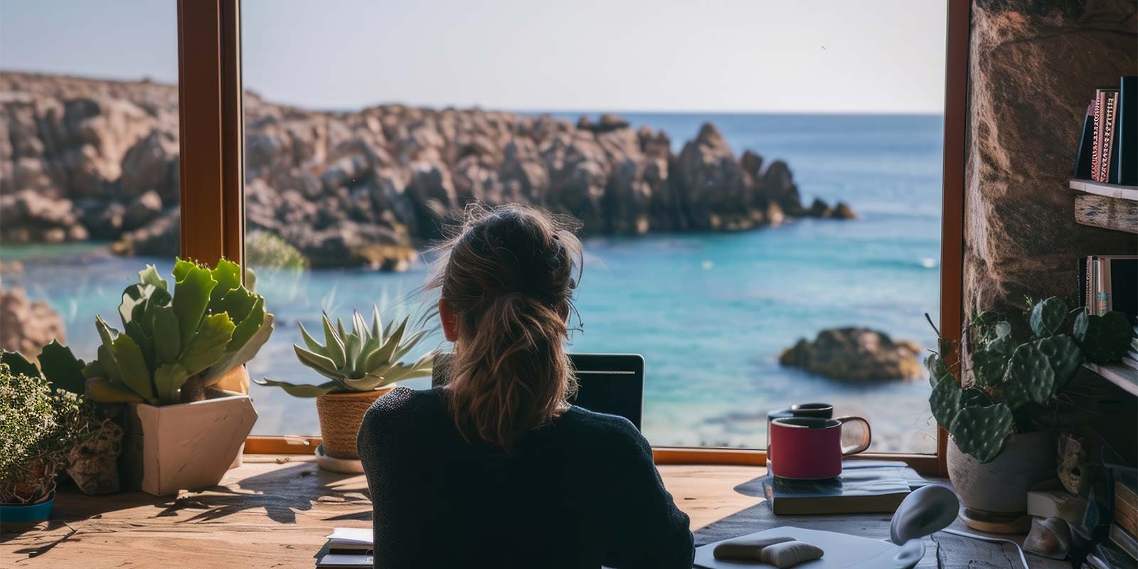 Mujer joven trabajando desde su hogar en la ventana frente al mar. En concepto de la posibilidad de tener un lugar propio donde realizar una inversión inmobiliaria y poder teletrabajar con una vista maravillosa.