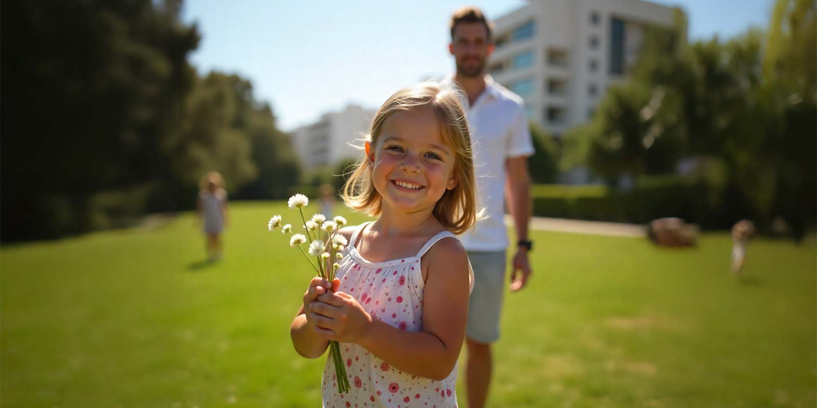 Imagen generada con IA de niña de unos 5 años sonriendo con flores en la mano con el padre en un parque en un día soleado con un edificio de fondo desenfocado. En representación de la Primavera como una buena estación para la venta de inmuebles por el dinamismo y visitantes durante esta estación.