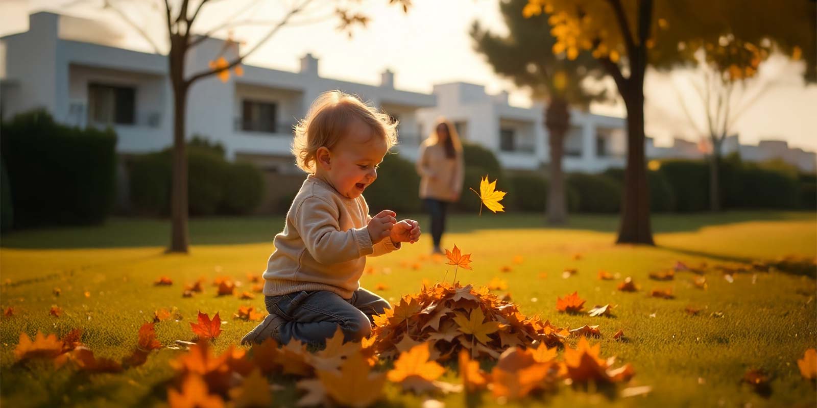 Imagen generada con IA de un niño de unos 4 años de edad jugando entre hojas secas junto a la madre en un parque rodeado de árboles con hojas marrones y casas de fondo en representación de la estación de Otoño. En concepto de que esta estación es otro buen momento para la oferta de viviendas por la fiscalidad de cierre de año o planes familiares.