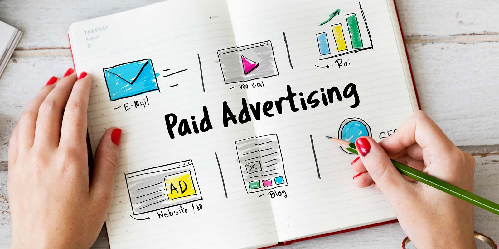 Imagen de cuaderno con la ilustraciones de carritos de compra, gráficos de barras, con la frase en inglés "Paid Advertasing" que significa "Paga Por Publicidad". En referencia a la posibilidad de pagar por publicidad y promocionar tu inmueble en más sectores internet, redes sociales y portales específicos.