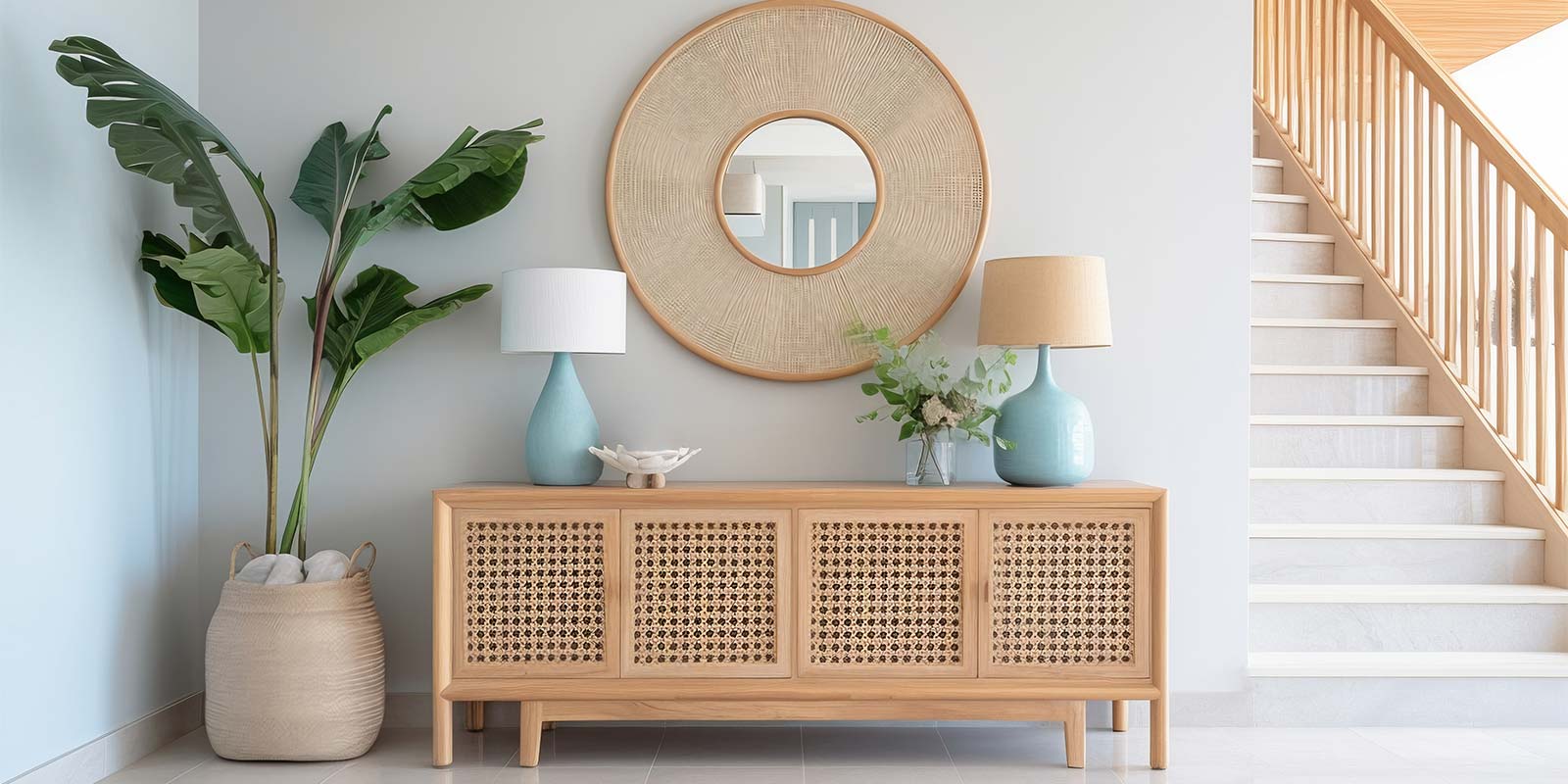 Imagen de mueble de entrada con dos lámparas de noche y un espejo. En referencia a la puesta en escena del inmueble en la Costa del Sol en oferta para dar a conocer las posibilidades que tiene.